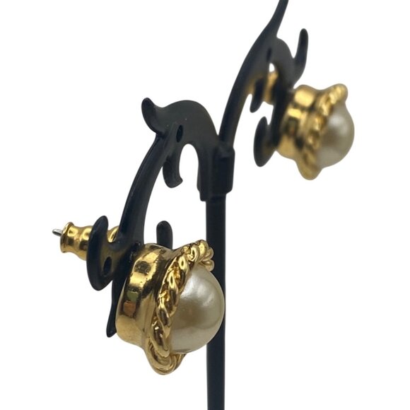 KJL Kenneth J Lane Gold Tone Faux Pearl Stud Earrings Rope Twist Domed Vintage - Picture 6 of 11